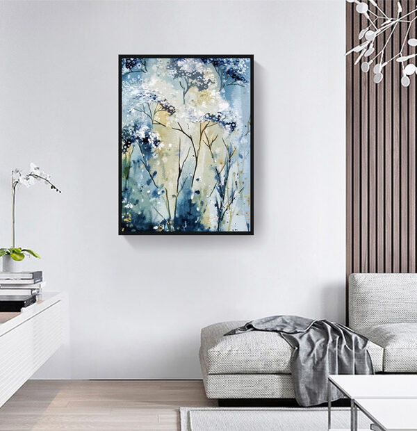 A painting of a white and blue plant