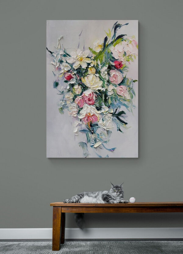 Quadri Un dipinto di fiori su una superficie bianca