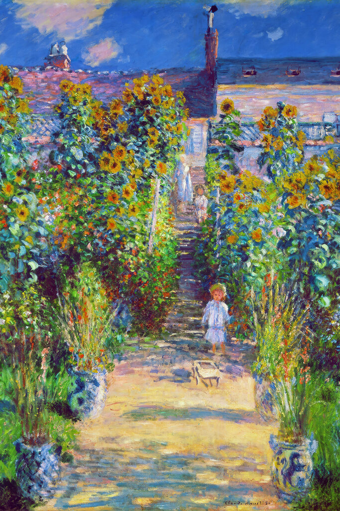 A painting of a child walking in a garden
