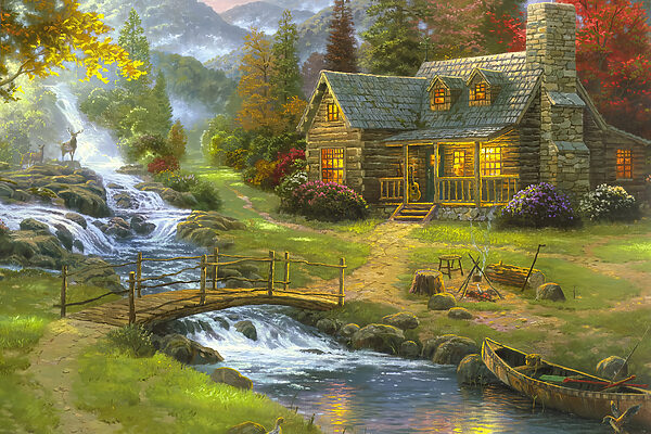 A painting of a log cabin with a bridge over a river
