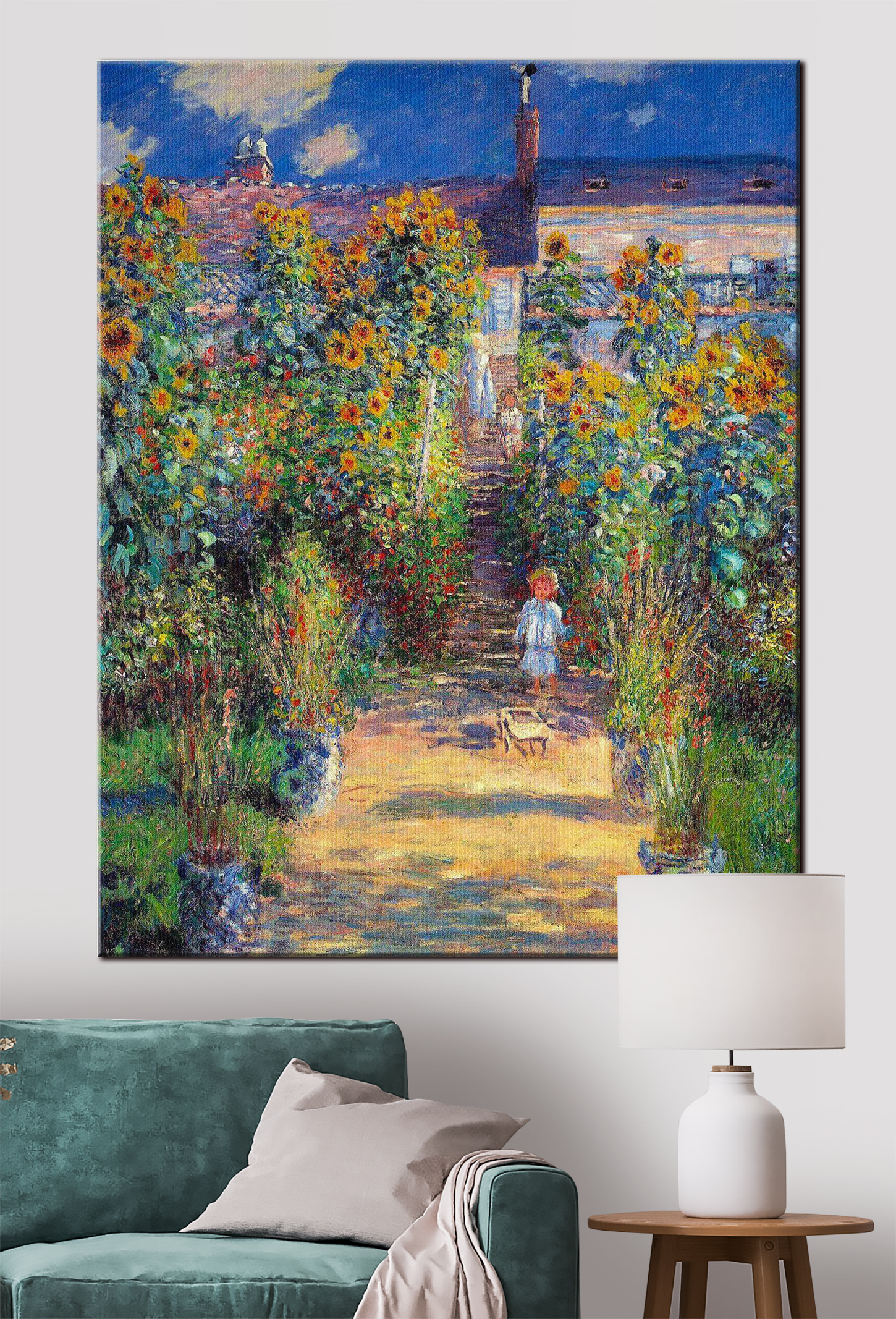 A painting of a child walking in a garden