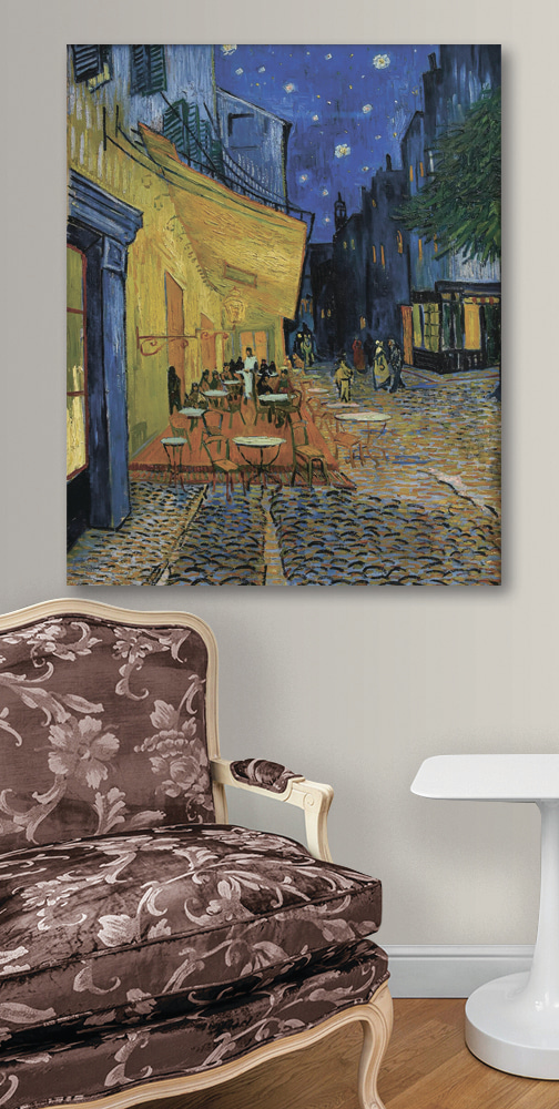 A painting of a street with tables and chairs