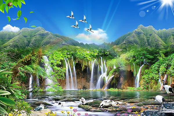A waterfall with birds flying over it