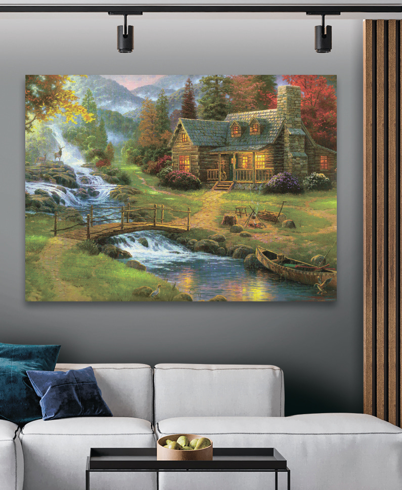 A painting of a log cabin with a bridge over a river