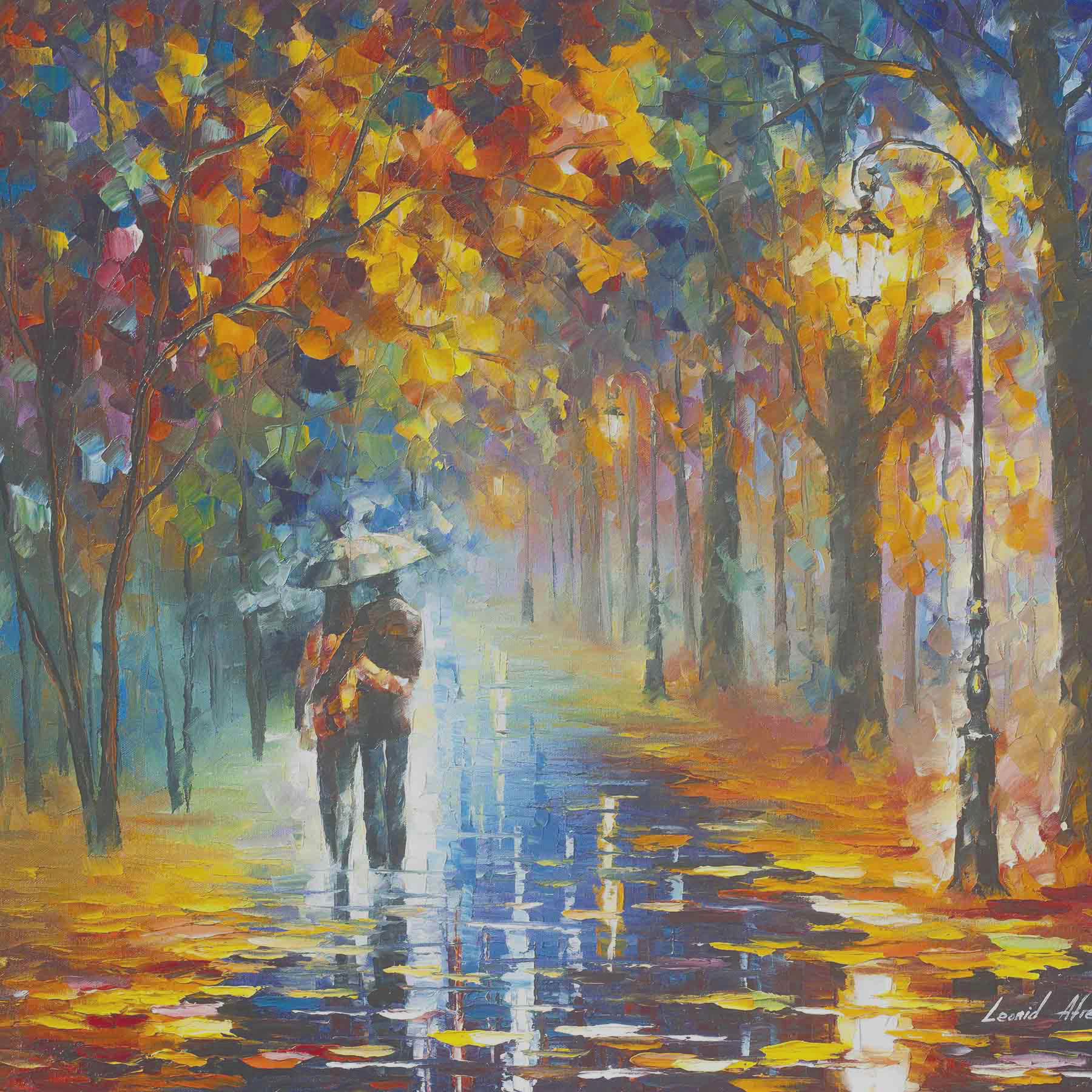 A painting of a couple walking in a park with trees and a lamp post A painting of a couple walking in a park with trees and a lamp post