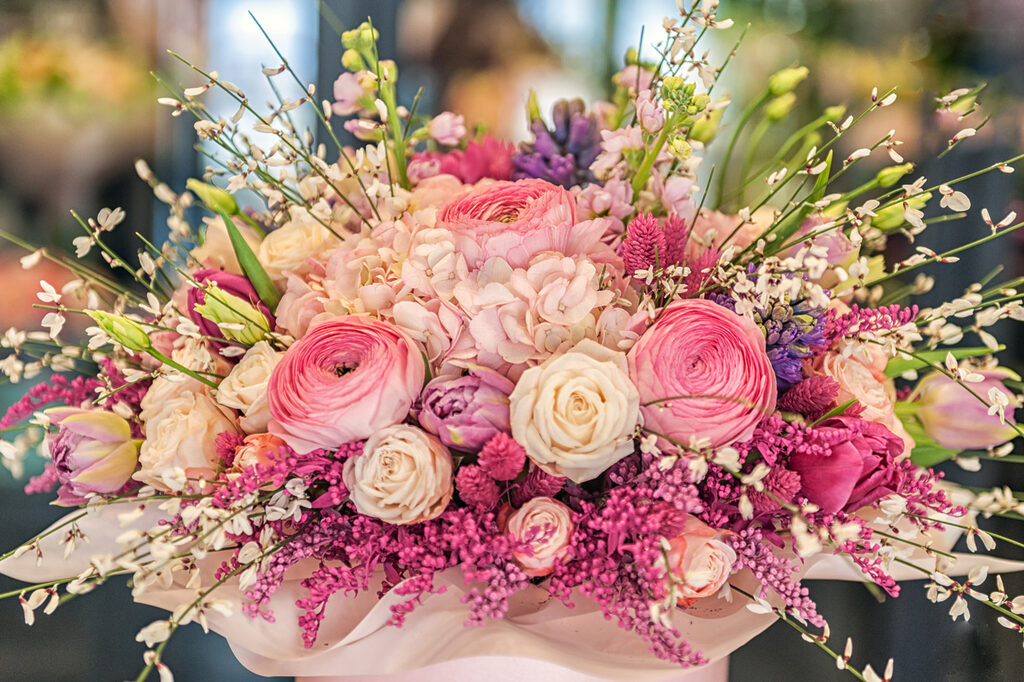 A bouquet of flowers in a box