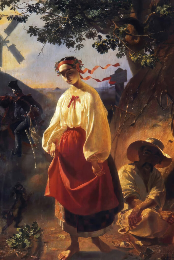 A painting of a woman in a red skirt A painting of a woman in a red skirt