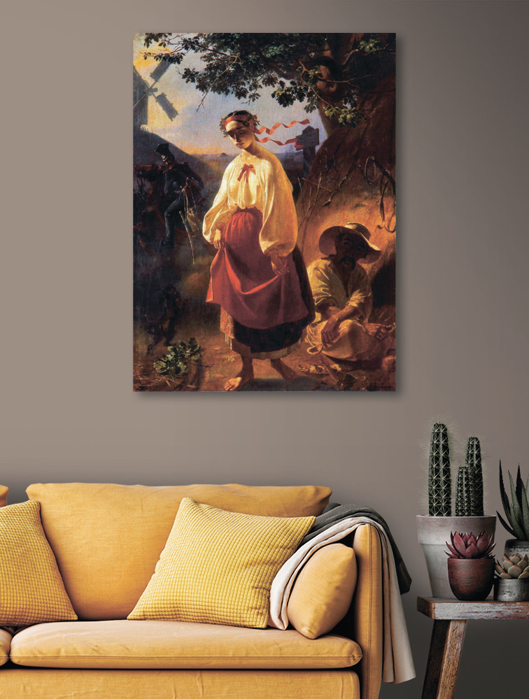 A painting of a woman in a red skirt A painting of a woman in a red skirt