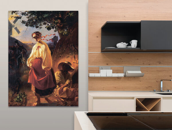 A painting of a woman in a red skirt A painting of a woman in a red skirt