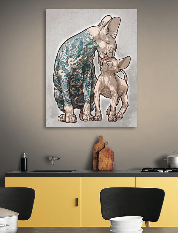 A cat licking a hairless cat A cat licking a hairless cat