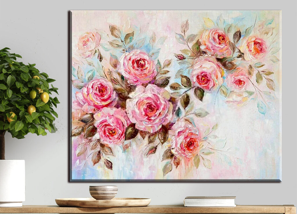 A painting of pink roses