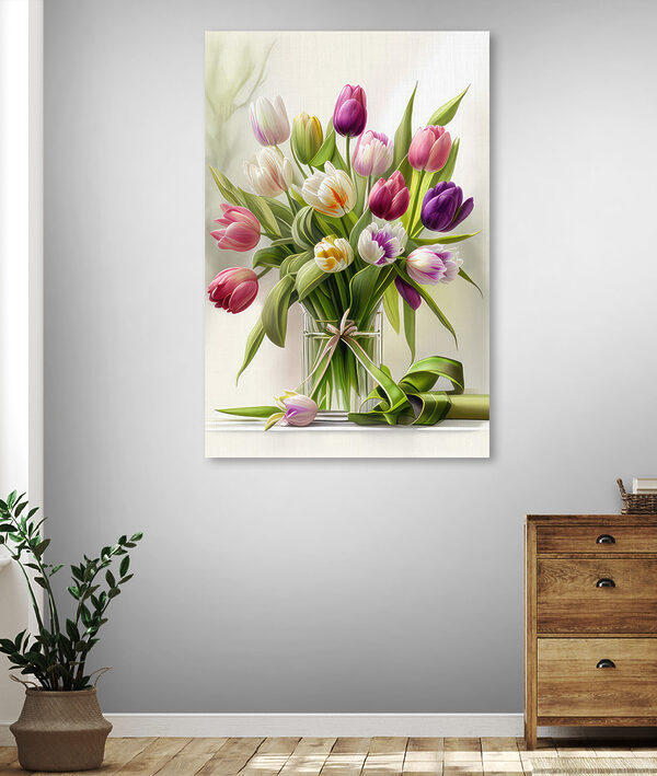 A bouquet of tulips in a glass vase