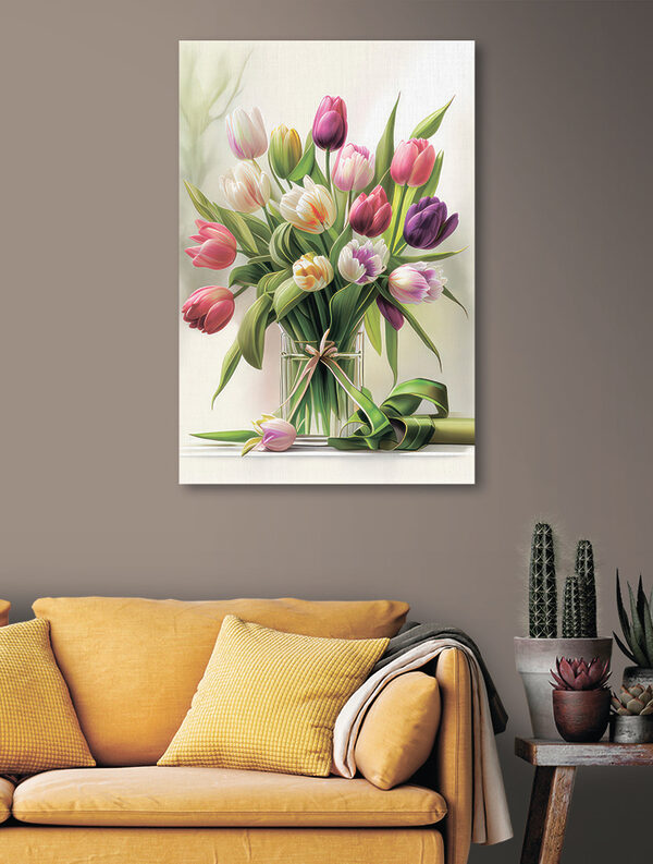 A bouquet of tulips in a glass vase