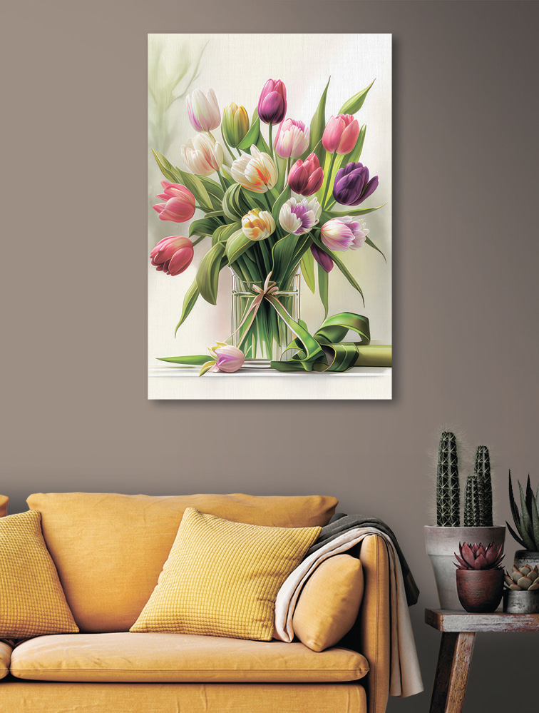 A bouquet of tulips in a glass vase