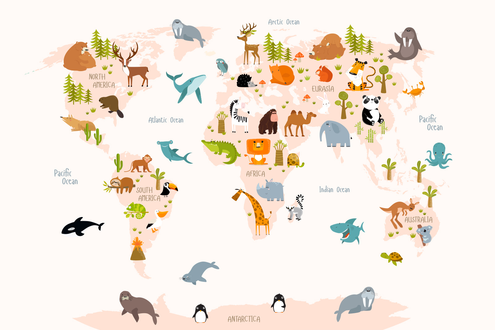 A map of the world with animals A map of the world with animals