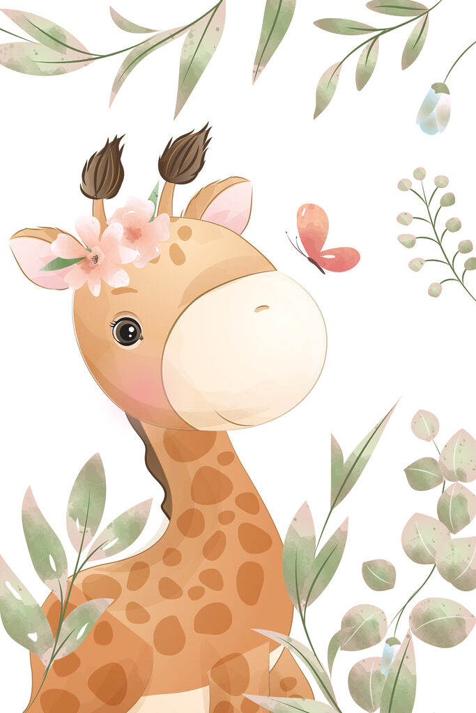 A giraffe with flowers and leaves