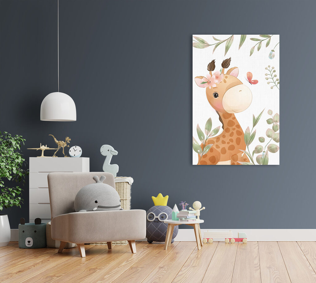 A giraffe with flowers and leaves