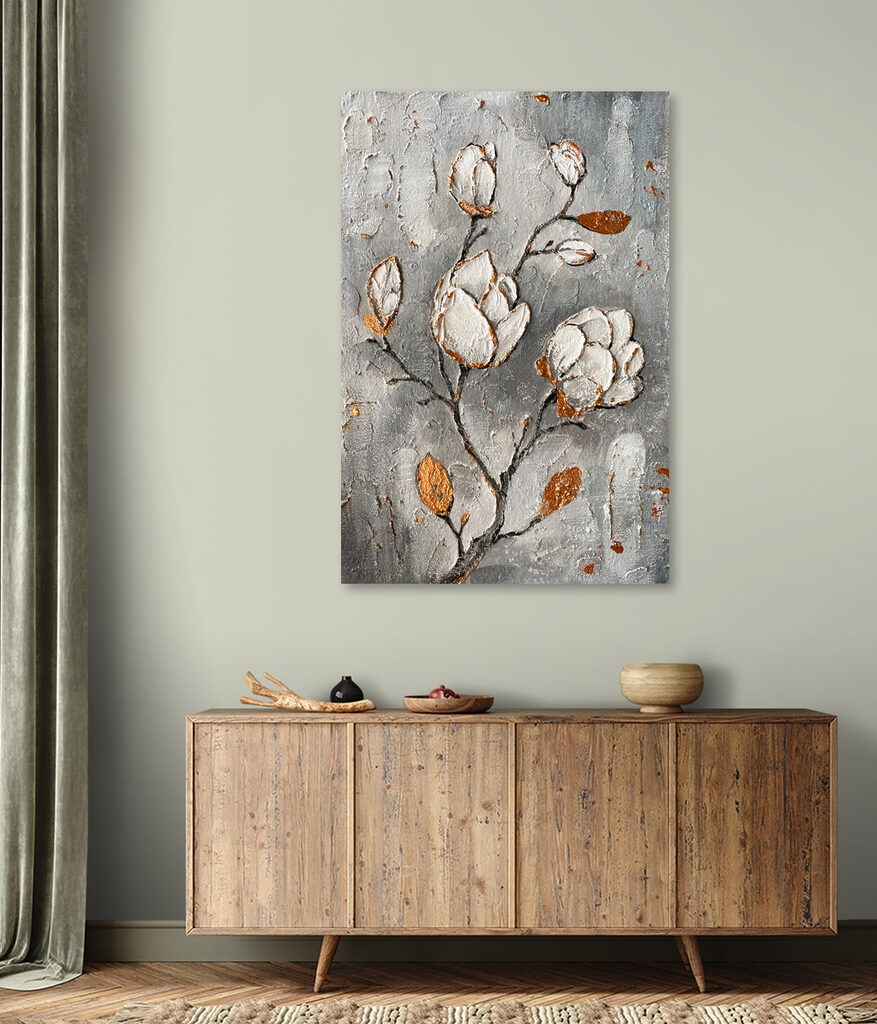 A painting of flowers on a wall