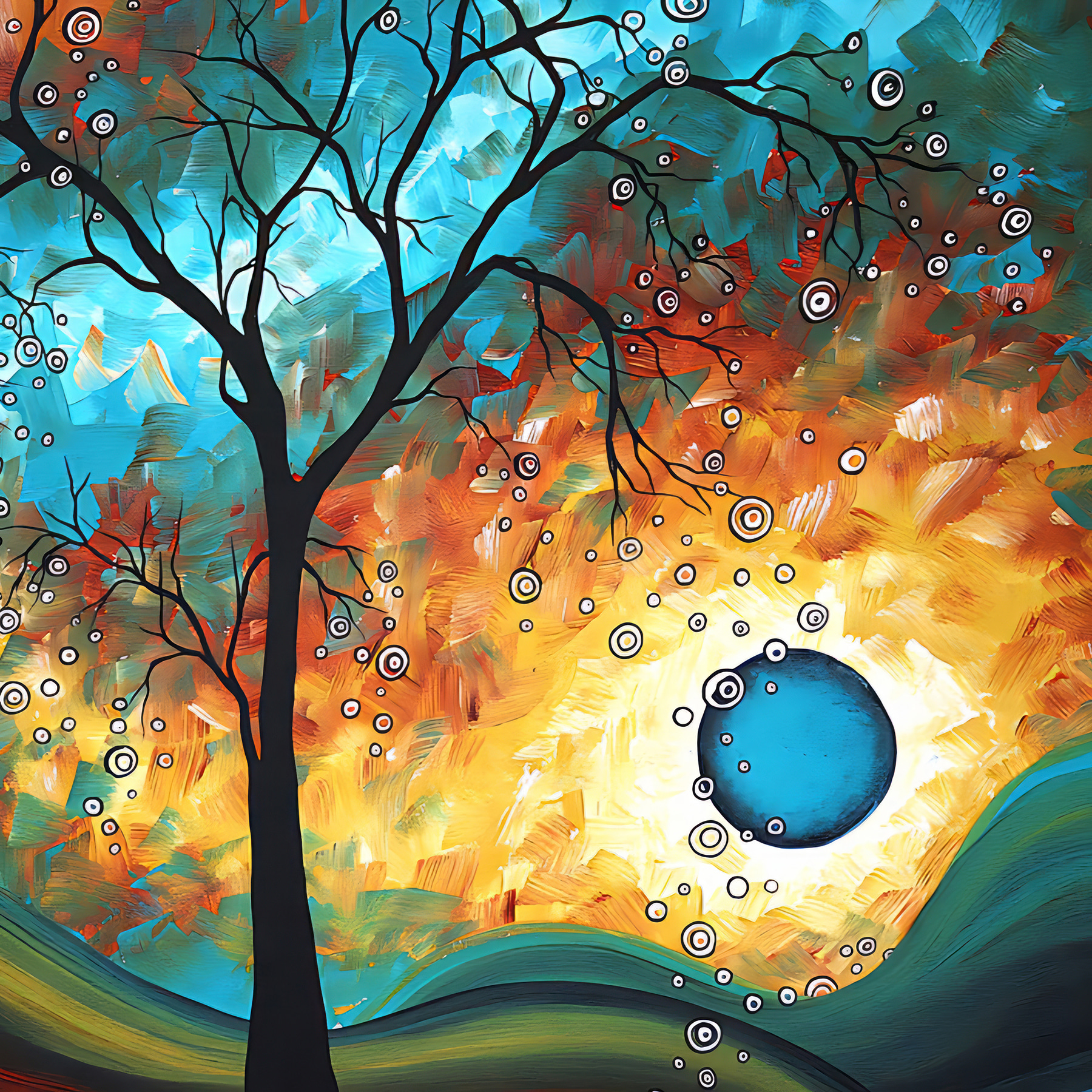 A painting of a tree and a sunset A painting of a tree and a sunset