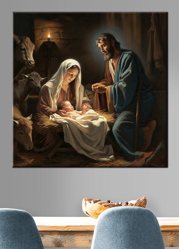 Quadri A painting of a man and woman in a manger with animals around (COD: s33488)
