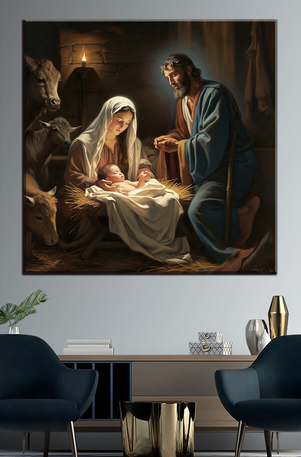 A painting of a man and woman in a manger with animals around A painting of a man and woman in a manger with animals around