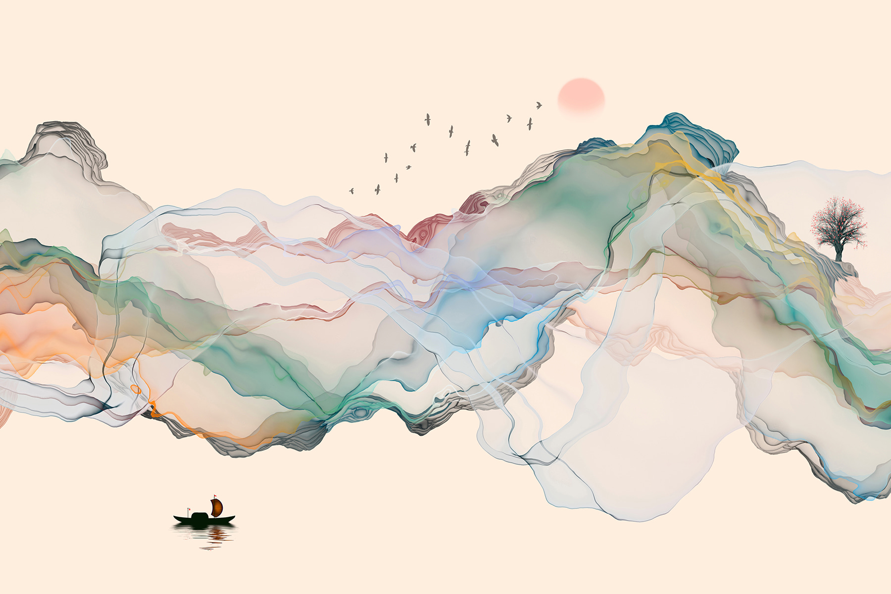 A painting of a boat in the water A painting of a boat in the water
