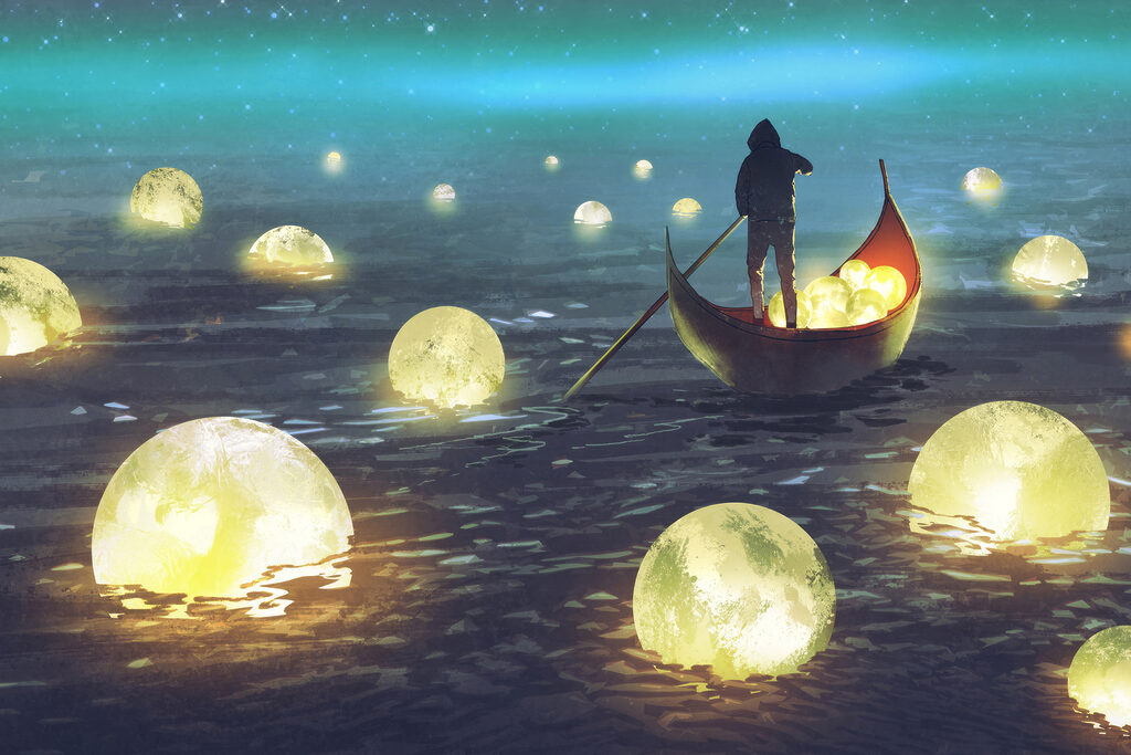 A person in a boat with glowing balls floating in the water