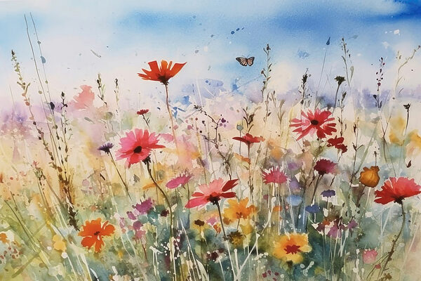 A watercolor painting of flowers and a butterfly
