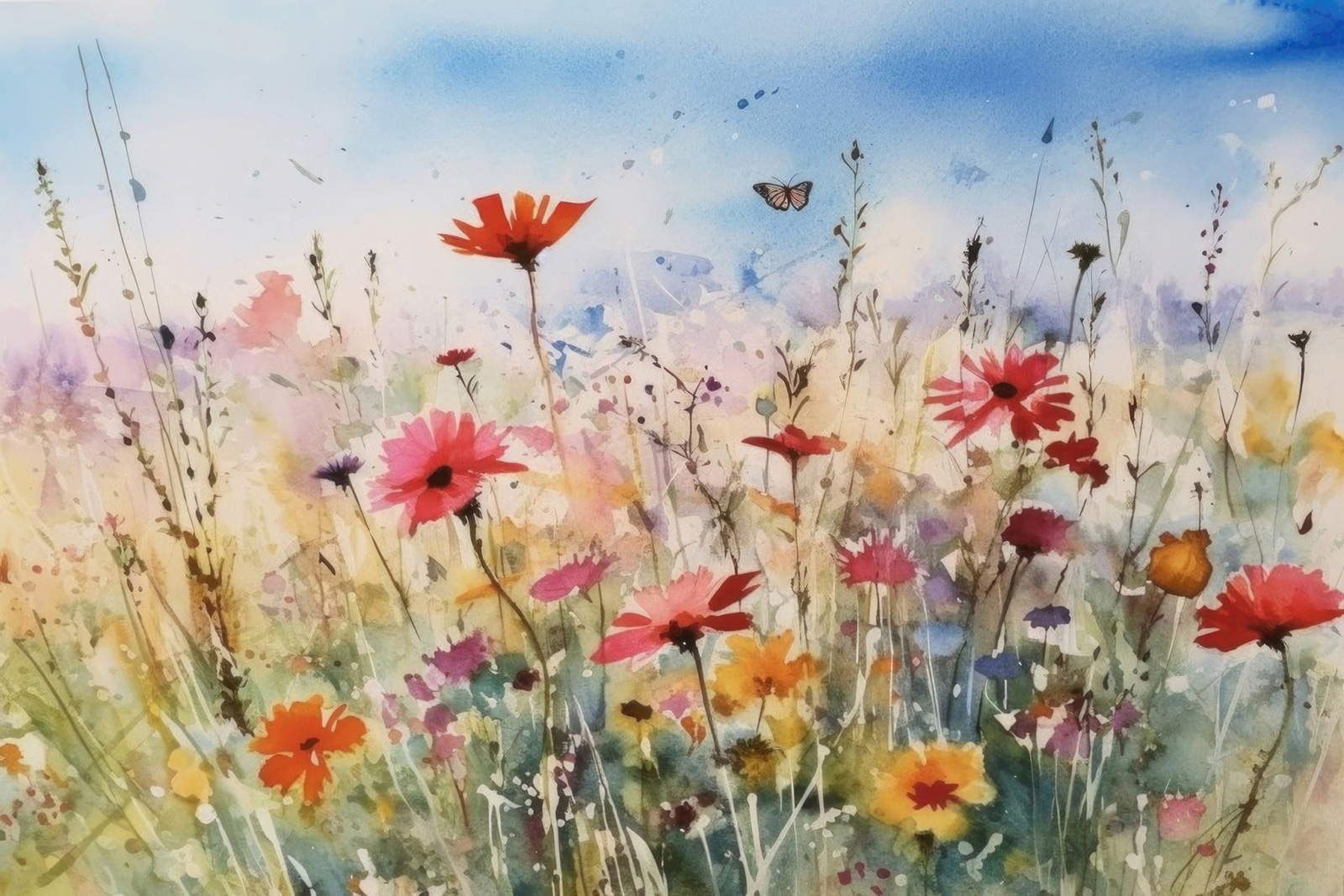 A watercolor painting of flowers and a butterfly