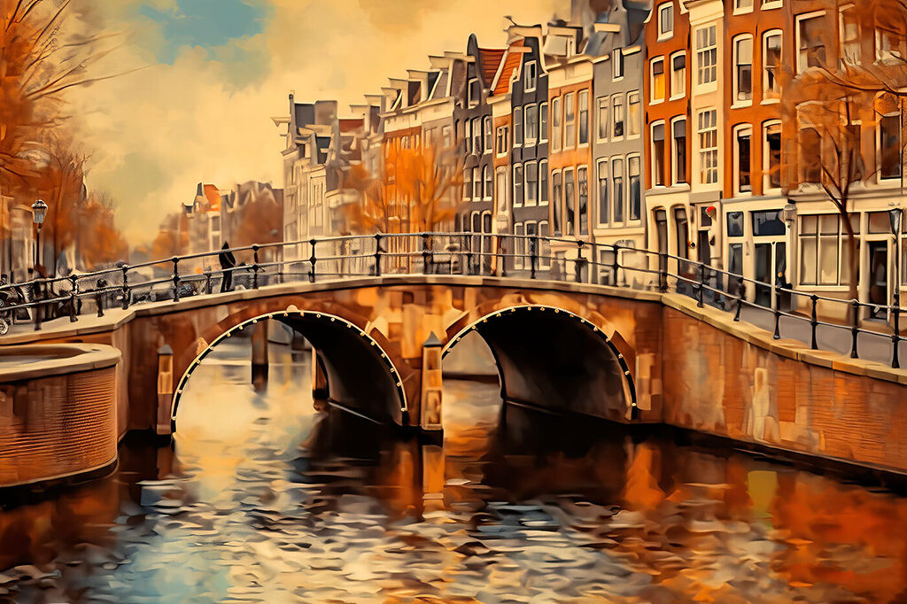 A bridge over a river with buildings in the background