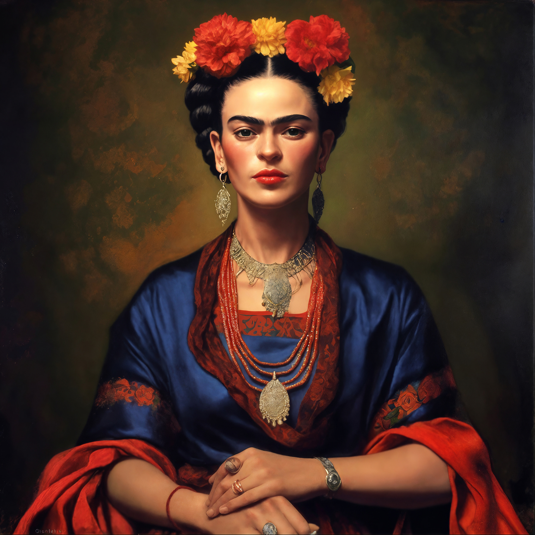 A painting of a woman with flowers in her hair A painting of a woman with flowers in her hair