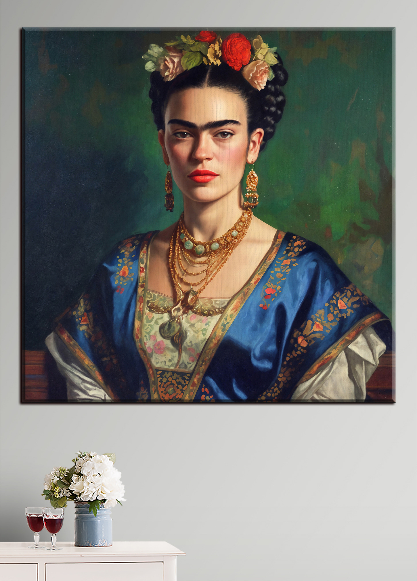 A painting of a woman with flowers in her hair