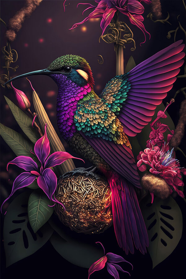 A colorful bird sitting on a ball of flowers A colorful bird sitting on a ball of flowers