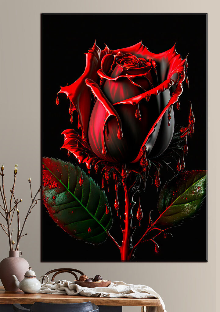 A red rose with green leaves and dripping red paint