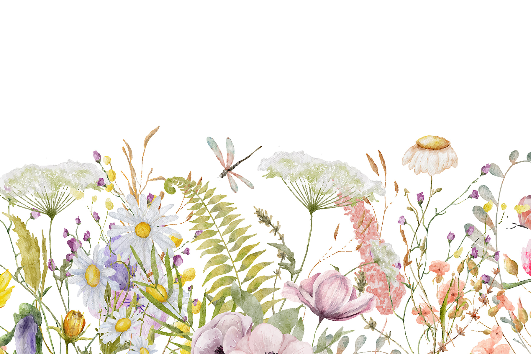 A watercolor of flowers and dragonflies A watercolor of flowers and dragonflies