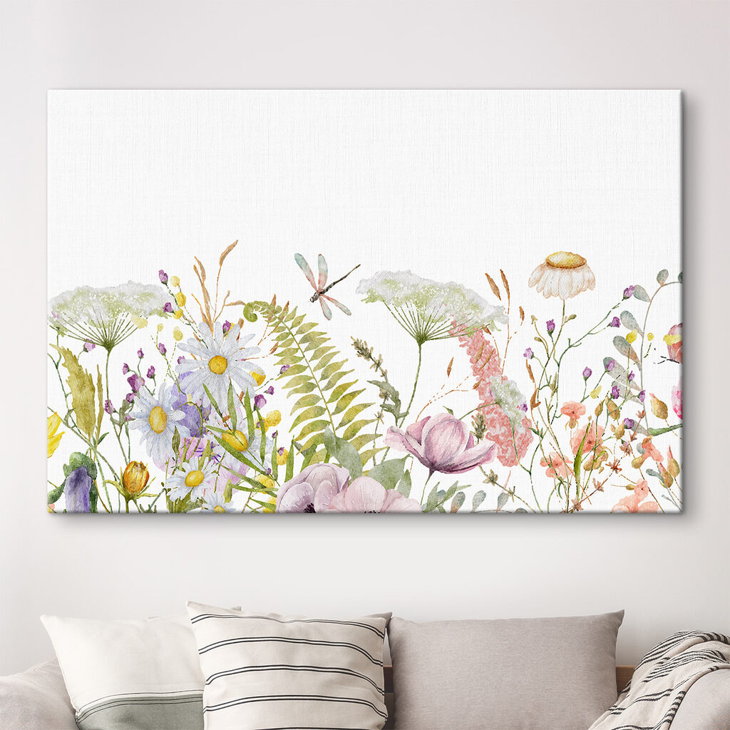A watercolor of flowers and dragonflies A watercolor of flowers and dragonflies