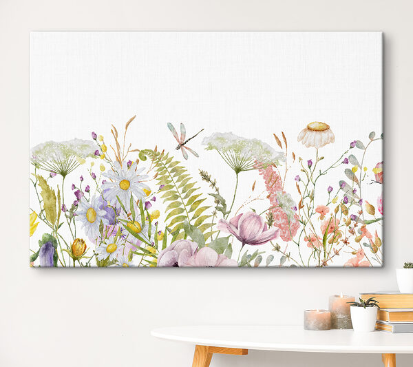 A watercolor of flowers and dragonflies A watercolor of flowers and dragonflies
