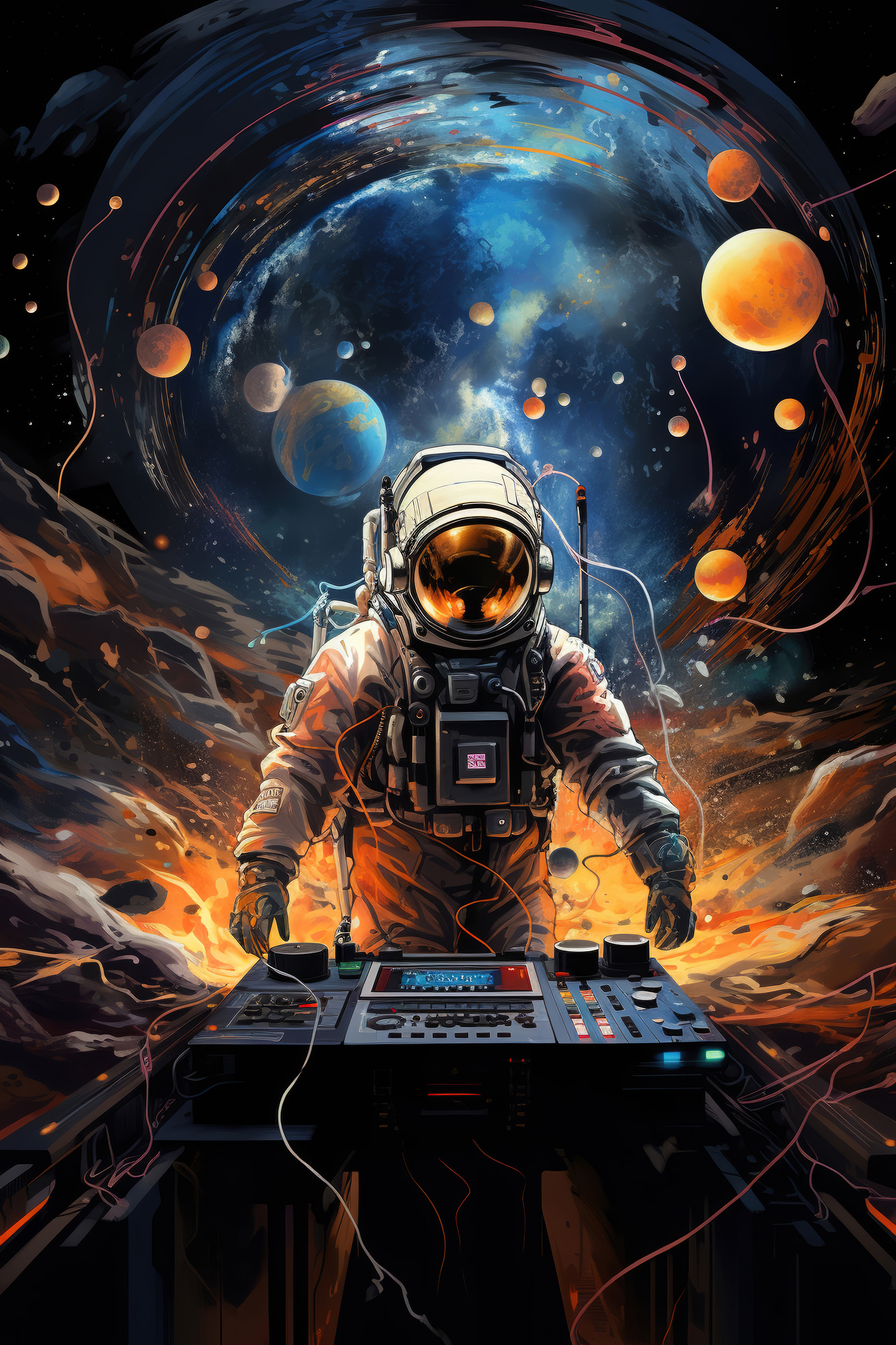 An astronaut in space with a machine