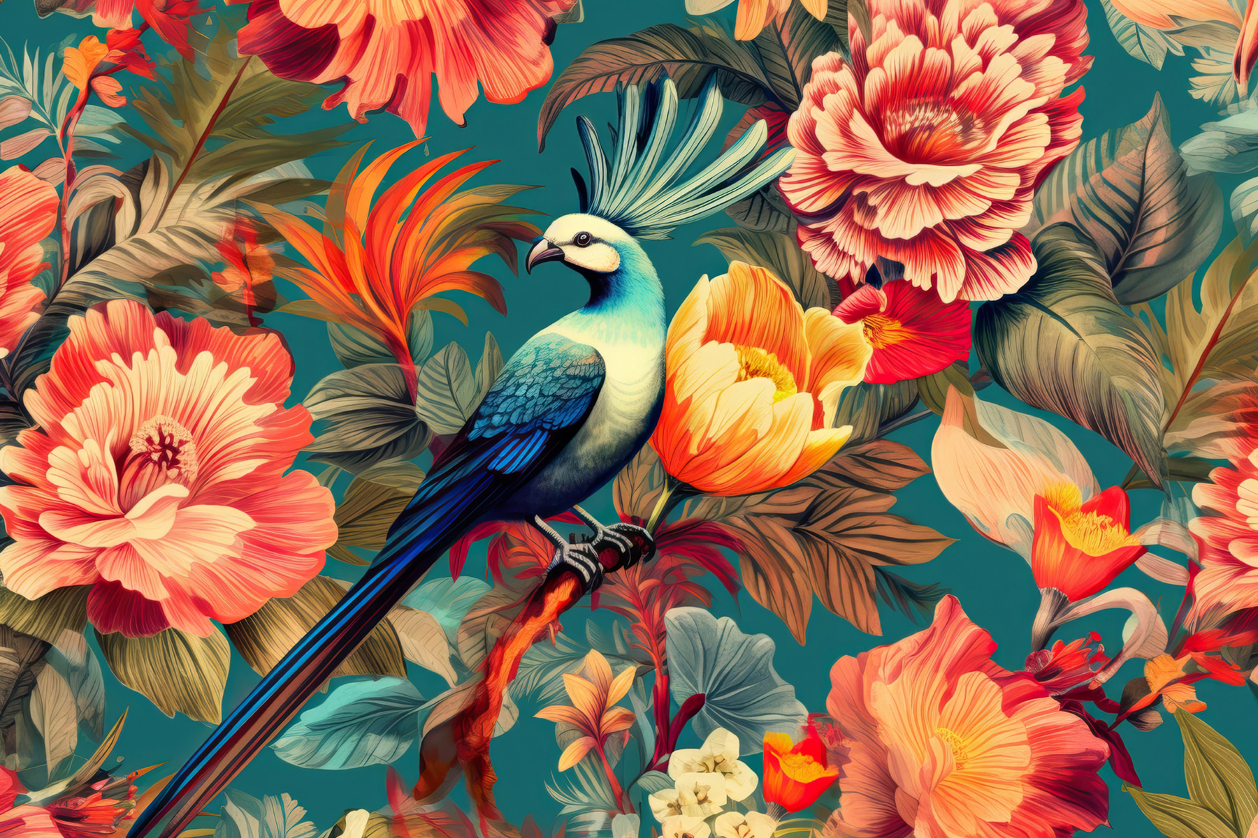 A bird on a branch surrounded by flowers