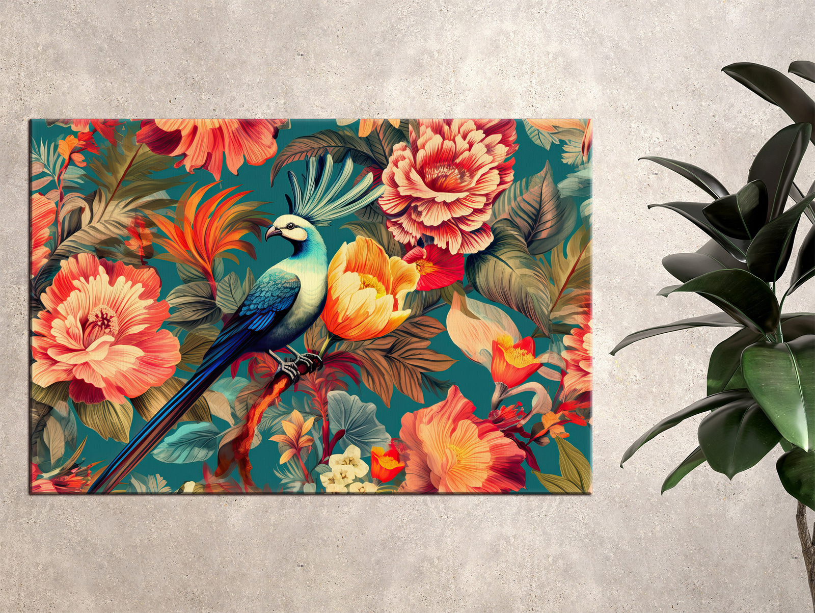 A bird on a branch surrounded by flowers