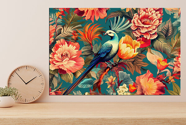 A bird on a branch surrounded by flowers