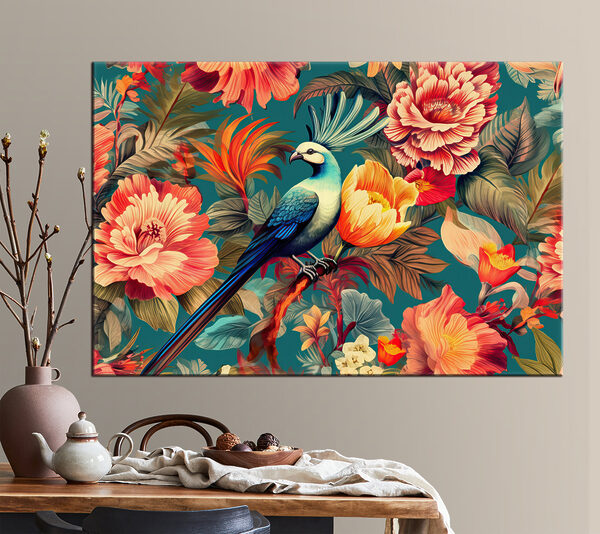 A bird on a branch surrounded by flowers