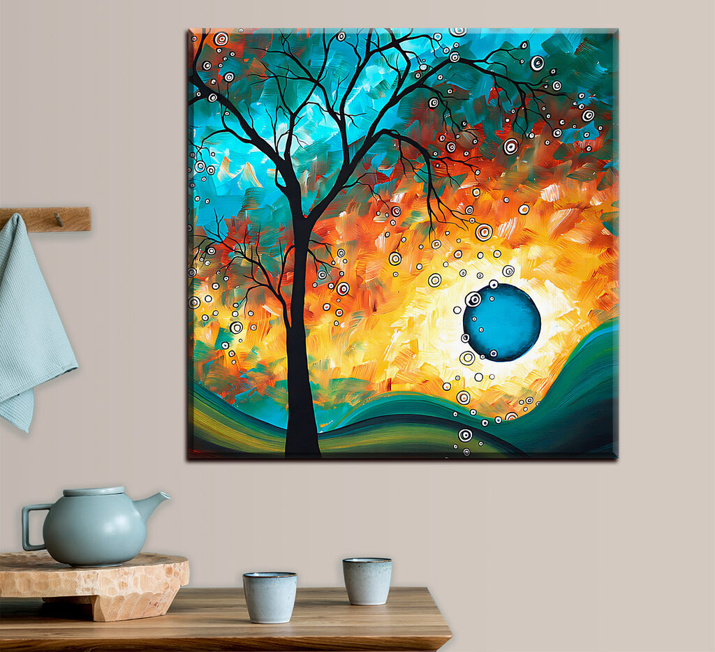 A painting of a tree and a sunset A painting of a tree and a sunset
