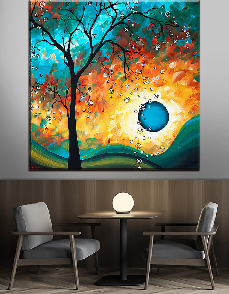 A painting of a tree and a sunset A painting of a tree and a sunset