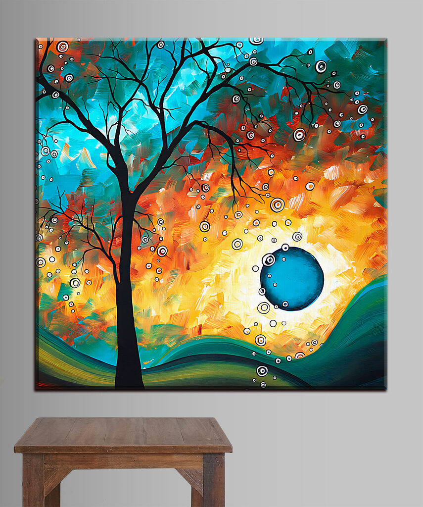A painting of a tree and a sunset A painting of a tree and a sunset