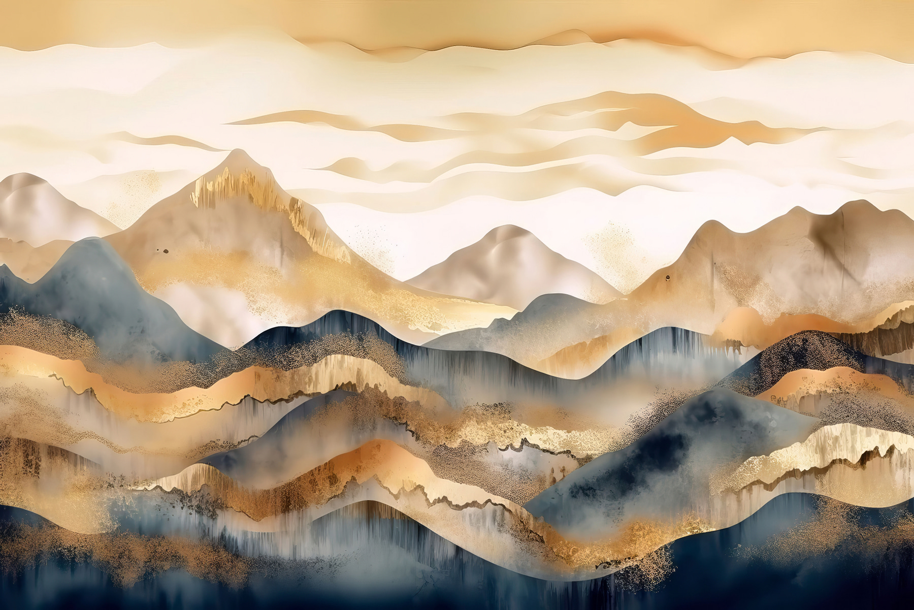 A painting of mountains and fog
