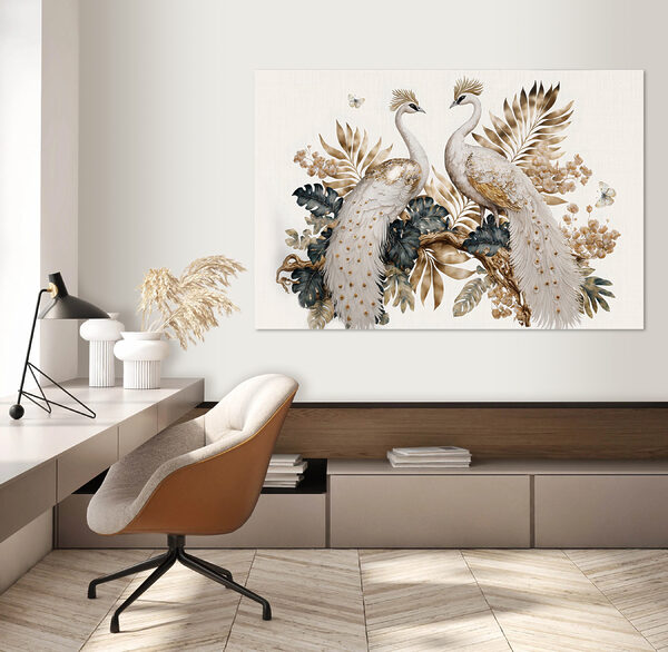 Quadri Eleganti pavoni immersi in una serena bellezza floreale