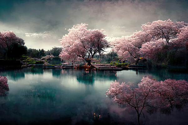 A group of trees with pink flowers on a lake
