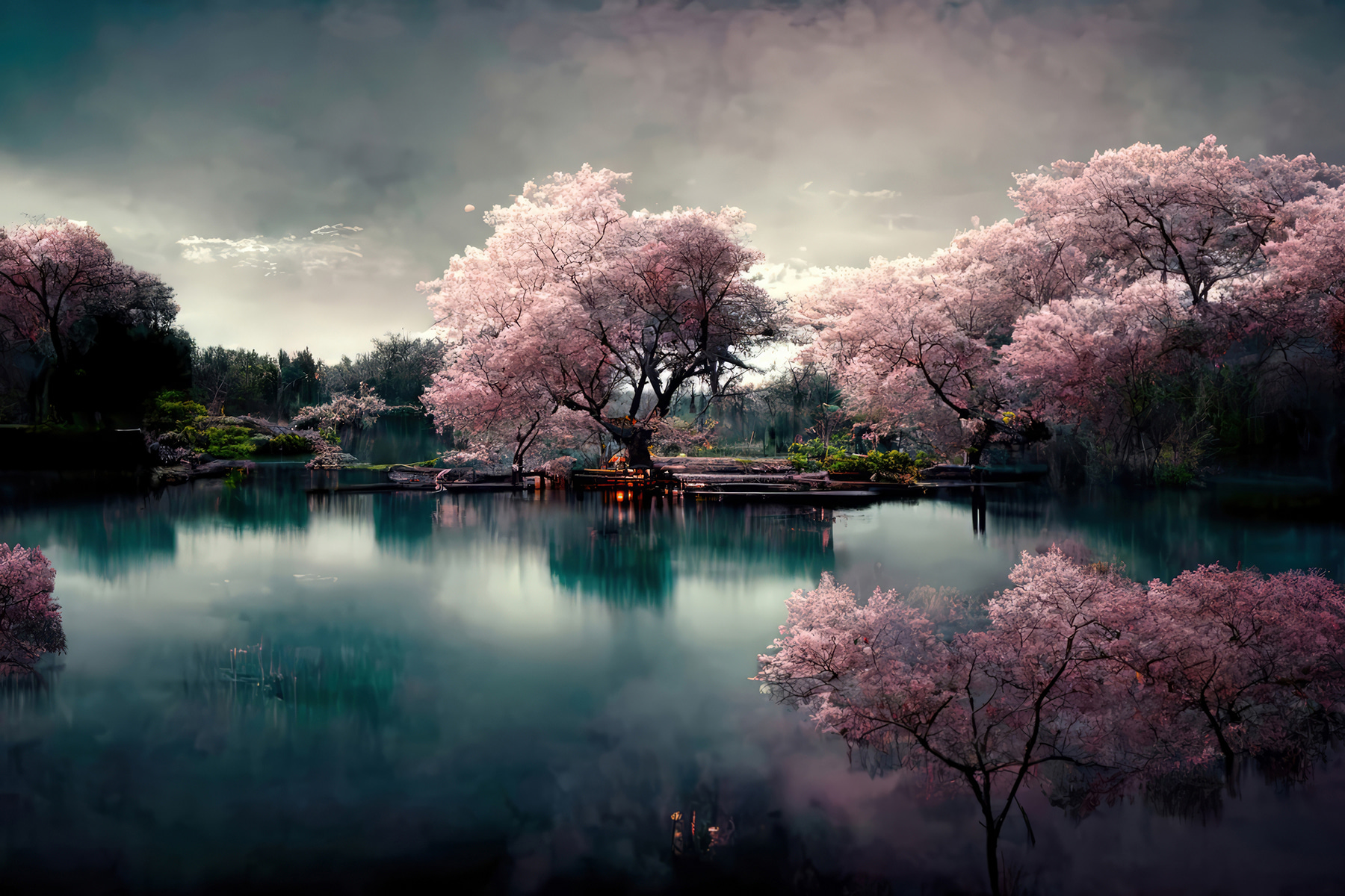 A group of trees with pink flowers on a lake
