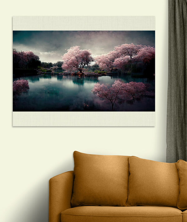 A group of trees with pink flowers on a lake
